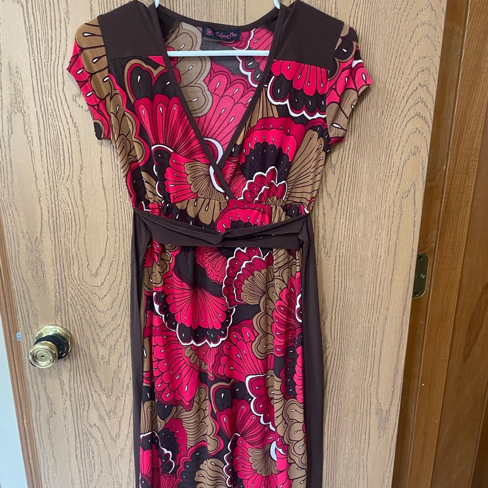 Floral Wrap Midi Dress in Pink and Brown